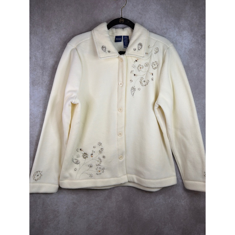 NWT VTG Basic Editions Fleece Jacket Large Cream Embroidered Beaded Button Front